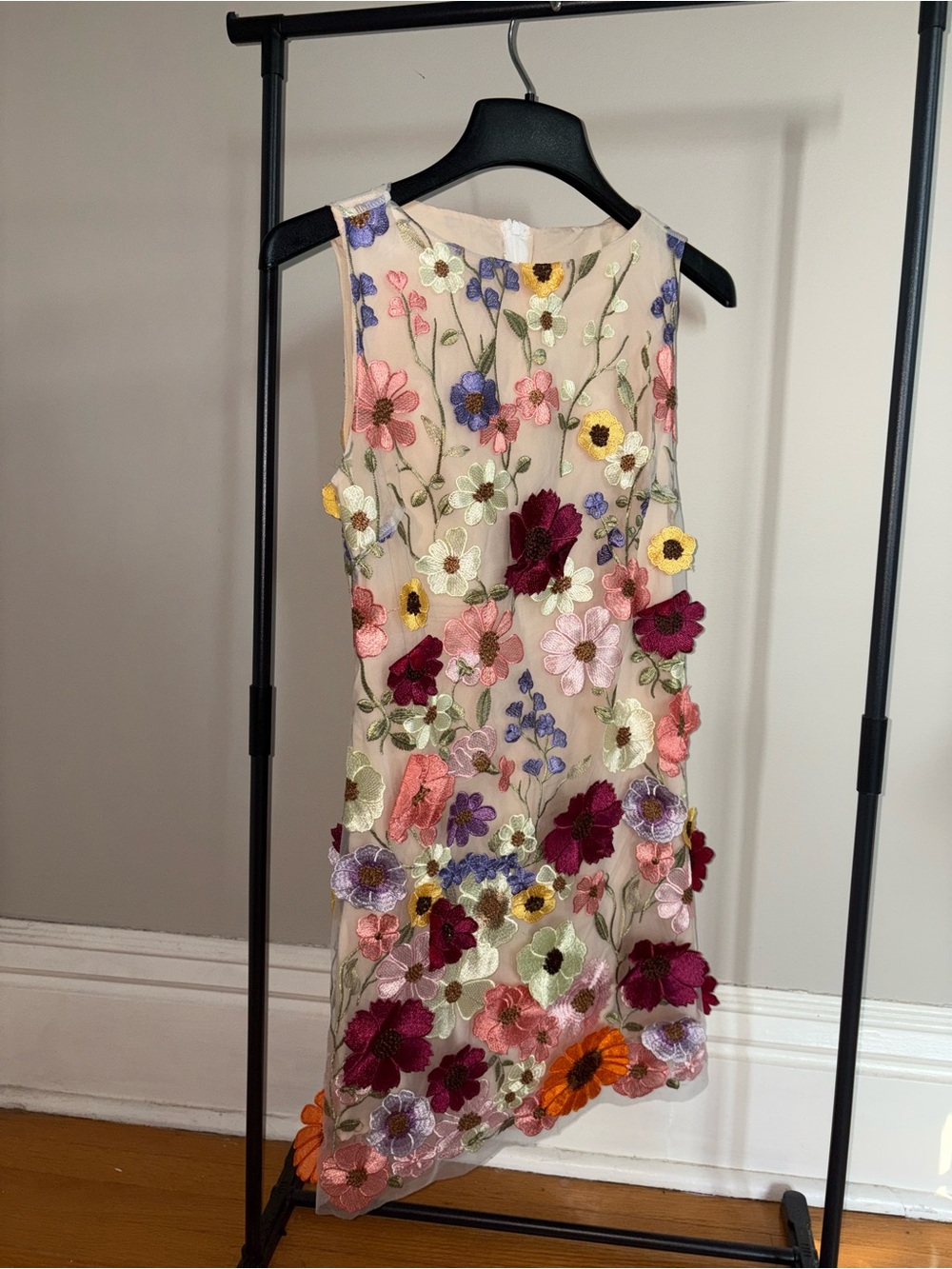 SHEIN Beige Sheer Midi Dress with Multicolor Floral Appliqués